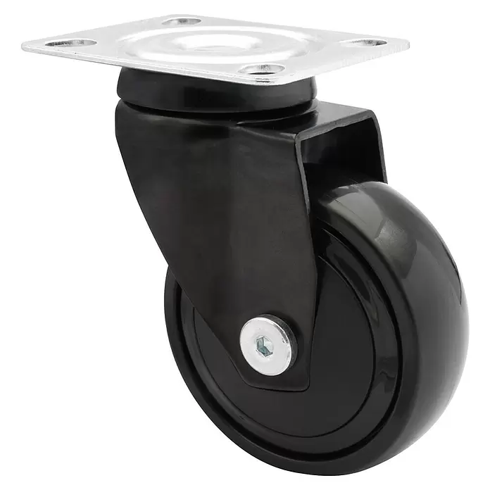 Wagner System Design-Lenkrolle - Traglast: 75 kg, Kugellager, Mit Platte, Durchmesser Rolle: 75 mm, Farbe Gehäuse: Schwarz - Schwarze Lenkrolle mit silberner Montageplatte und Schraube.