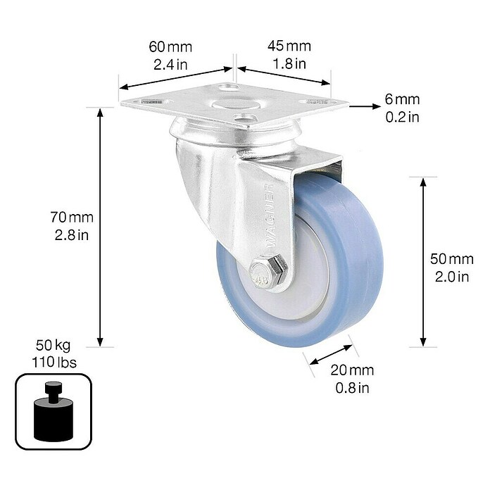 Wagner System Möbel-Lenkrolle Ultrasoft Deluxe (Durchmesser Rollen: 50 mm, Traglast: 50 kg, Kugellager, Mit Platte) | BAUHAUS