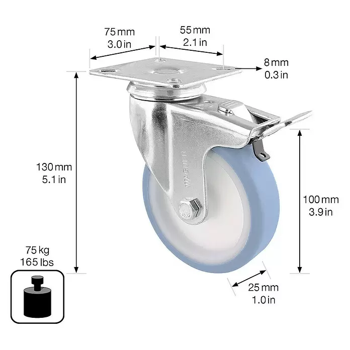 Wagner System Apparate-Lenkrolle Soft - Durchmesser Rollen: 100 mm, Traglast: 75 kg, Mit Platte und Feststeller, Blau - Schwenkrolle aus silbernem Metall mit hellblauem Laufbelag, Bremse, Maßen und 75 kg (165 lbs) Tragkraft.