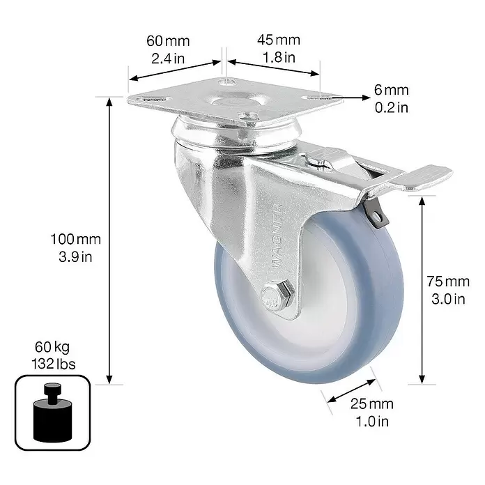 Wagner System Apparate-Lenkrolle Soft - Durchmesser Rollen: 75 mm, Traglast: 60 kg, Mit Platte und Feststeller, Blau - Lenkrolle mit Bremse, verzinktes Metallgehäuse und graues Kunststoffrad, 100mm Gesamthöhe, 75mm Raddurchmesser, 25mm Radbreite, 60kg Tragfähigkeit.