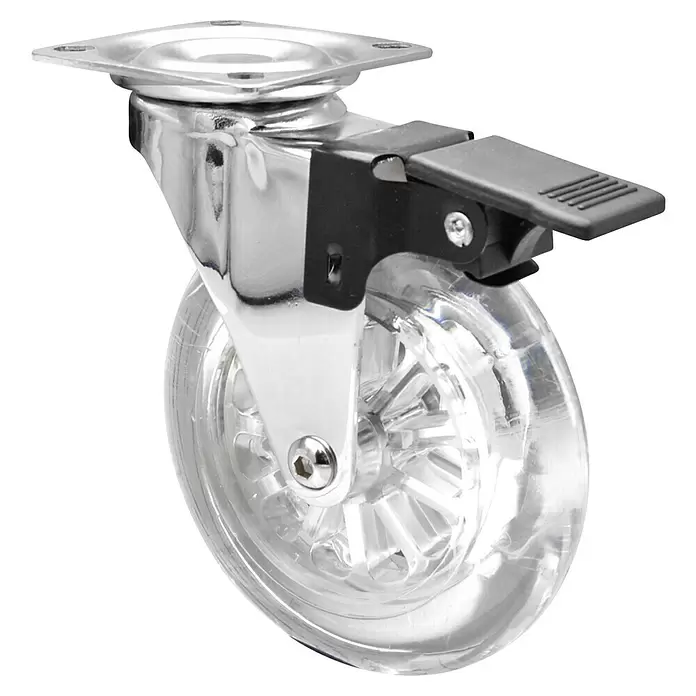 Wagner System Design-Lenkrolle - Traglast: 65 kg, Gleitlager, Mit Platte und Feststeller, Durchmesser Rolle: 100 mm, Transparent - Transparente Lenkrolle mit verchromtem Gehäuse und schwarzer Bremse.