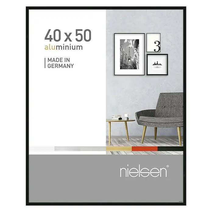 Nielsen Alurahmen Pixel - 40 x 50 cm, Schwarz - Das Bild zeigt einen Nielsen 40x50 Aluminium Bilderrahmen in Schwarz, ideal für stilvolle Wanddekoration und Präsentation Ihrer Lieblingsbilder.