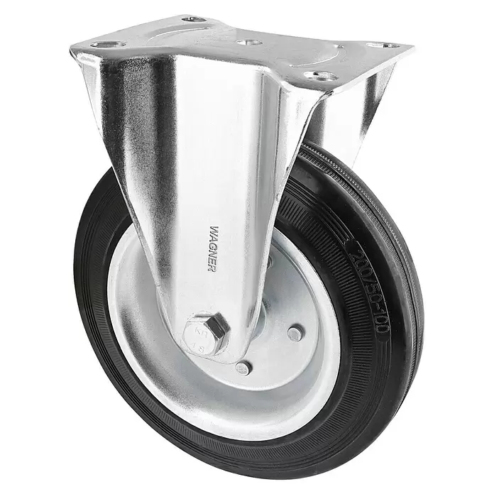 Wagner System Transportgeräte-Bockrolle - Traglast: 210 kg, Rollenlager, Durchmesser Rolle: 200 mm, Vollgummi - Schwarzes Gummirad mit silbernem Wagner Lenkrollenhalter.