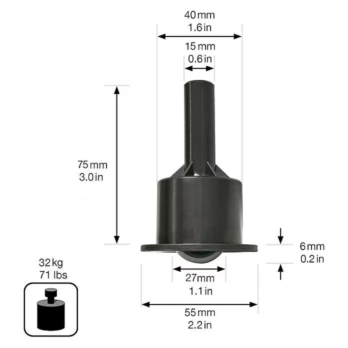 Wagner System Laufrolle Tischauszug - Durchmesser: 27 mm, Schwarz, Kunststoff - Schwarze Kunststoff-Kugelrolle mit Befestigungsstift, tragfähig bis 32 kg.