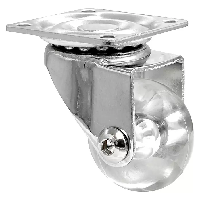 Wagner System Design-Lenkrolle - Traglast: 35 kg, Gleitlager, Mit Platte, Durchmesser Rolle: 35 mm, Transparent - Verchromte Lenkrolle mit klarer Kunststoffrolle und quadratischer Montageplatte.