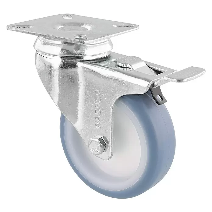 Wagner System Apparate-Lenkrolle Soft - Durchmesser Rollen: 75 mm, Traglast: 60 kg, Mit Platte und Feststeller, Blau - Silberne Lenkrolle mit hellblau-transparentem Rad, Bremse und Montageplatte.
