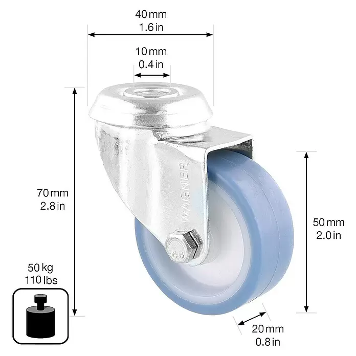 Wagner System Apparate-Lenkrolle Ultrasoft ECO - Traglast: 50 kg, Gleitlager, Mit Rückenloch, Durchmesser Rolle: 50 mm - Verzinkte Wagner Lenkrolle mit blau-weißem Polyurethanrad, Maße und 50 kg Tragfähigkeit werden angezeigt.