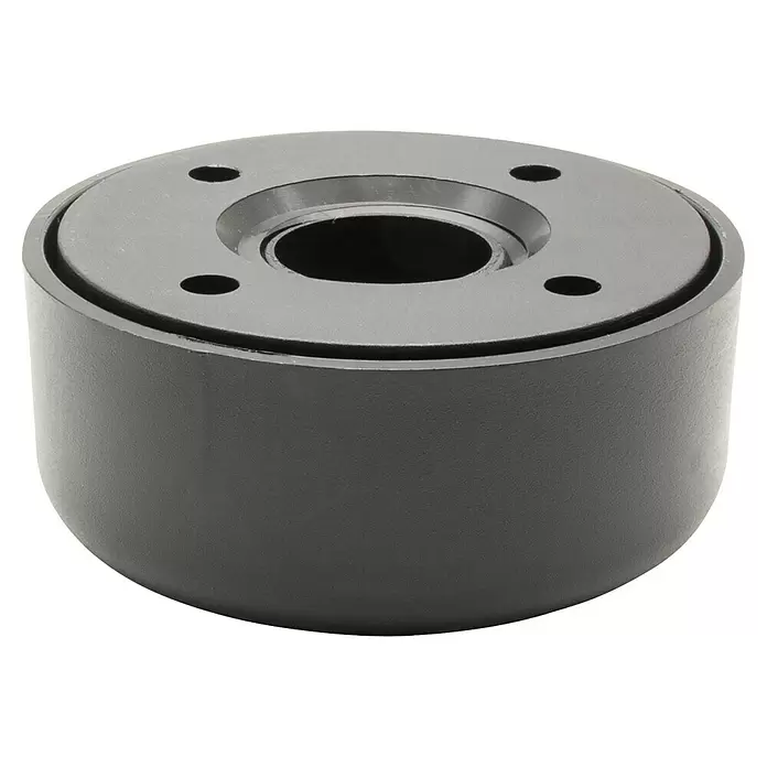 Wagner System Möbelgleiter RO 0049 - Durchmesser: 50 mm - 55 mm, Kunststoff, 1 Stk. - Dunkelgraue zylindrische Industriekomponente mit zentraler Öffnung und vier Befestigungslöchern auf der Oberseite.