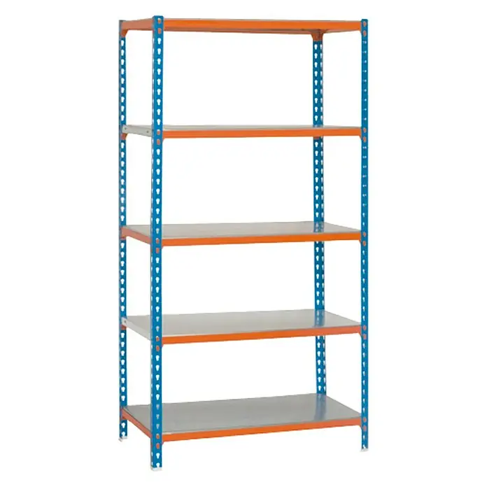 Simonrack Simonclick Metallregal Simonclick Super Plus - H x B x T: 200 x 110 x 50 cm, Traglast pro Boden: 200 kg, Anzahl Böden: 5 Stk., Stecken, Blau/Orange/Silber - Bild eines robusten, blauen und orangefarbenen Metallregals mit fünf Regalböden für Lager- oder Organisationszwecke.