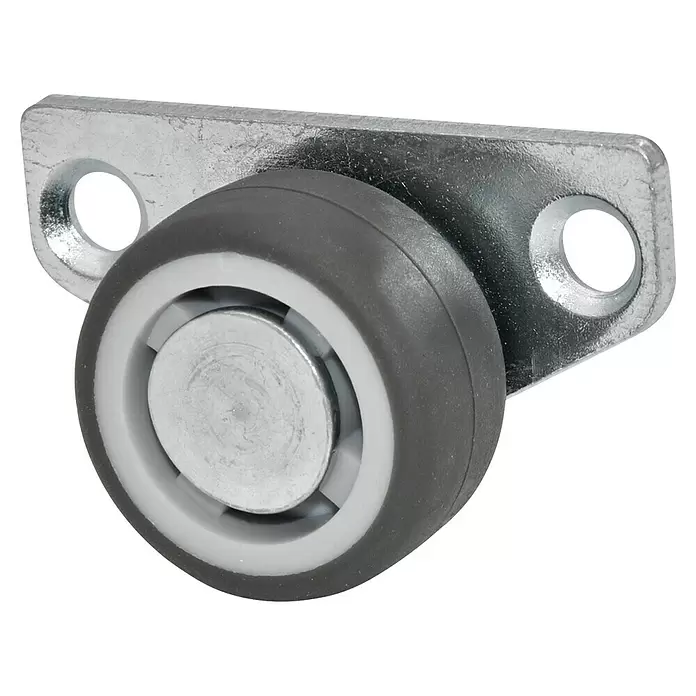 Wagner System Möbel-Lenkrolle Bettkastenrolle - Traglast: 40 kg, Gleitlager, Mit Platte, Farbe Rad: Grau, Durchmesser Rolle: 30 mm - Graue Möbelrolle mit weißem Innenring und Metallachse, auf einer silberfarbenen Metallplatte mit zwei Schraublöchern montiert.