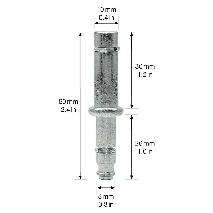 Wagner System Reduzierstück - Verzinkt, Durchmesser: 10 mm, Stahl - Silberfarbener Metallstützstift, 60 mm lang, mit unterschiedlichen Durchmessern und detaillierten Maßen.