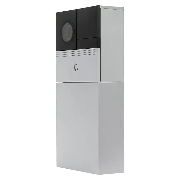 REV WiFi-Türsprechanlage L2H - Grau, Frequenz: 868 MHz - Nahaufnahme einer intelligenten Türklingel mit Kamera und einem silberfarbenen Gehäuse, das moderne Technologie und Design vereint.