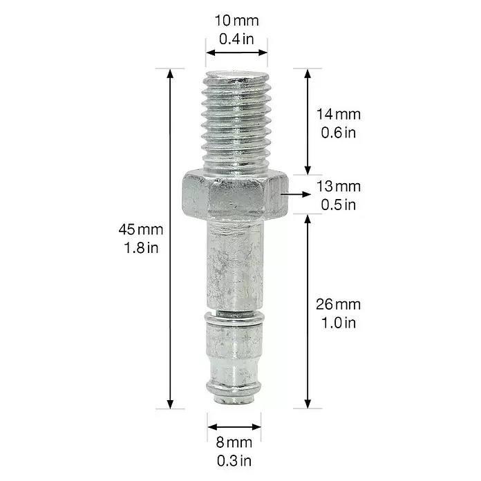 Wagner System Gewindestift M 10 x 14 - M 10, Länge: 46 mm, Stahl - Silberfarbener Metallbolzen mit Gewindeende, sechseckigem Mittelteil und Maßen.