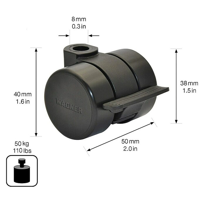 Wagner System Möbel-Lenkrolle Hart (Durchmesser Rollen: 38 mm, Traglast: 50 kg, Mit Rückenloch und Feststeller) | BAUHAUS