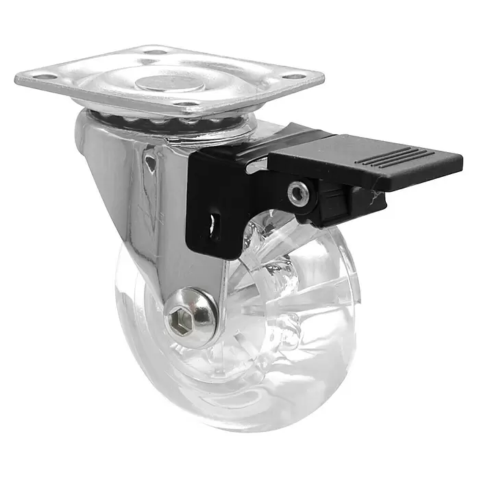 Wagner System Design-Lenkrolle - Traglast: 40 kg, Gleitlager, Mit Platte und Feststeller, Durchmesser Rolle: 50 mm, Transparent - Transparentes Lenkrollenrad mit Chromgehäuse und schwarzer Bremse.