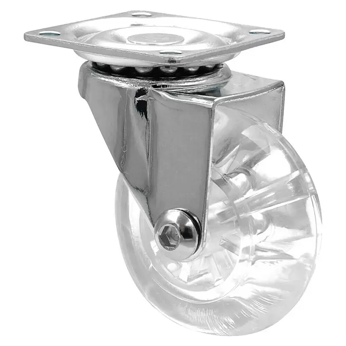 Wagner System Design-Lenkrolle - Traglast: 40 kg, Gleitlager, Mit Platte, Durchmesser Rolle: 50 mm, Transparent - Transparentes Lenkrollenrad mit glänzendem Chromgehäuse für reibungslose Bewegung.