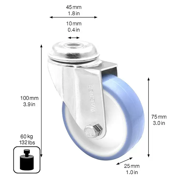 Wagner System Apparate-Lenkrolle Ultrasoft - Traglast: 60 kg, Gleitlager, Mit Rückenloch, Durchmesser Rolle: 75 mm - Metall-Lenkrolle mit blau-weißem Rad, 75mm Durchmesser, 100mm Höhe, 60kg Tragkraft.