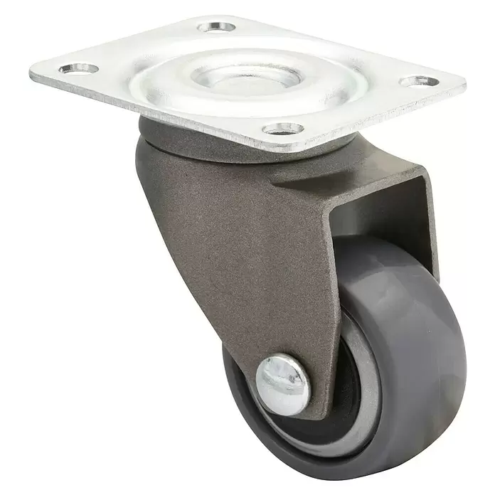 Wagner System Design-Lenkrolle - Traglast: 12 kg, Gleitlager, Mit Platte, Durchmesser Rolle: 25 mm, Taupe - Graues Lenkrollrad mit einer metallischen Montageplatte für Möbel oder Geräte.