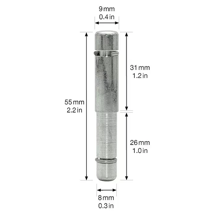 Wagner System Reduzierstück - Verzinkt, Durchmesser: 9 mm, Stahl - Silberner Metall-Stift mit Maßen: 55mm (2.2in) Gesamtlänge, 9mm (0.4in) oberer Durchmesser, 8mm (0.3in) unterer Durchmesser.