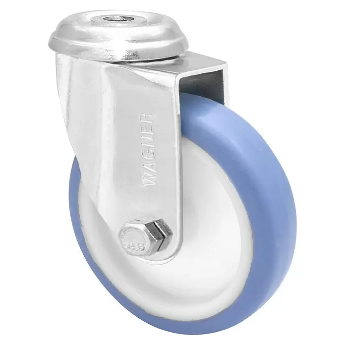 Wagner System Apparate-Lenkrolle Ultrasoft - Traglast: 75 kg, Gleitlager, Mit Rückenloch, Durchmesser Rolle: 100 mm - Schwenkrollen mit blauem Polyurethan-Rad und Metallgehäuse.