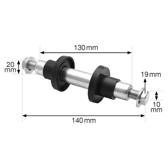 Wagner System Ersatzachse - Geeignet für: Achsdurchmesser 20 mm, Durchmesser: 20 mm, Länge: 130 mm - Metallbolzen mit zwei schwarzen Gummielementen und Muttern, bemaßt mit Länge und Durchmesser.