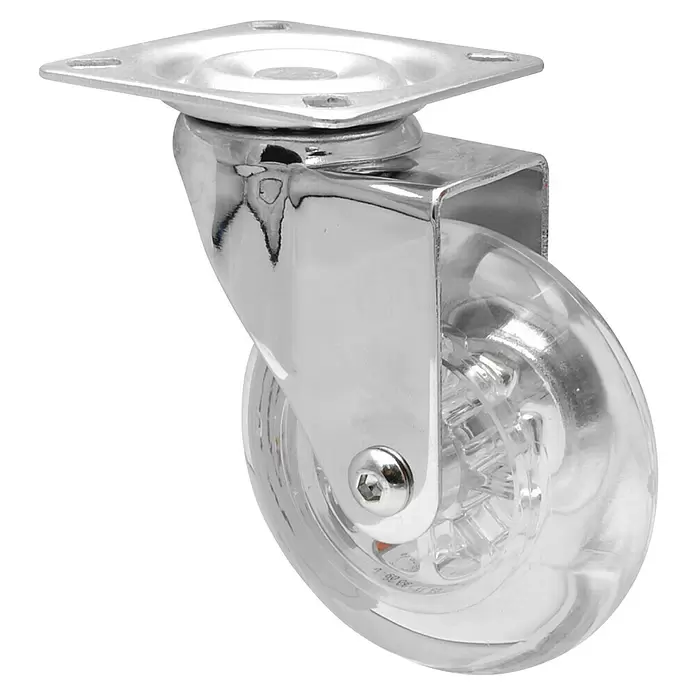Wagner System Design-Lenkrolle - Traglast: 55 kg, Gleitlager, Mit Platte, Durchmesser Rolle: 75 mm, Transparent - Ein transparentes Lenkrollenrad mit glänzend verchromter Metallhalterung und Montageplatte für Möbel.