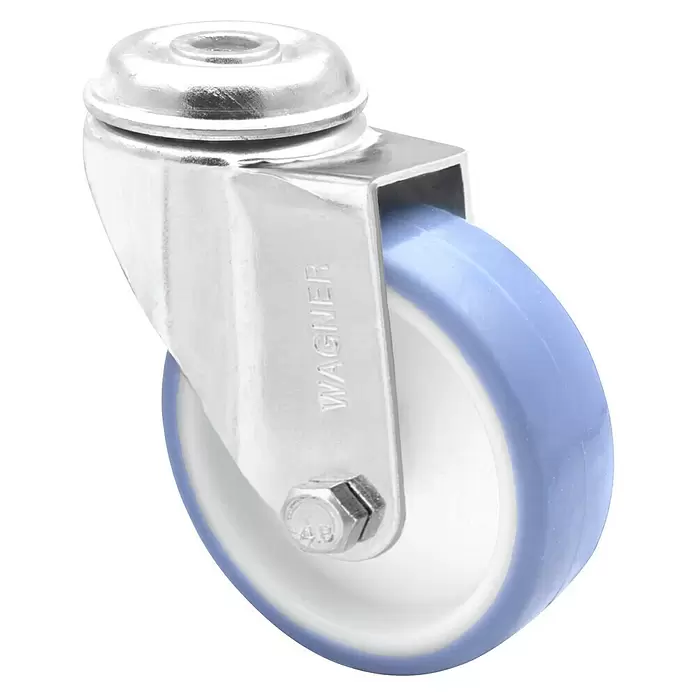 Wagner System Apparate-Lenkrolle Ultrasoft - Traglast: 60 kg, Gleitlager, Mit Rückenloch, Durchmesser Rolle: 75 mm - Lenkrolle aus silbernem Metall mit weißem Rad und blauem Polyurethanreifen, geprägt mit WAGNER.