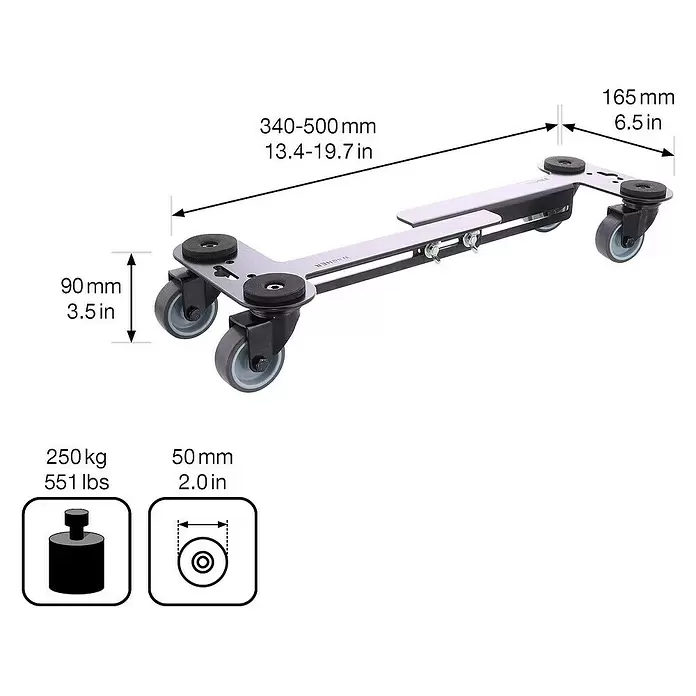 Wagner System Transportroller MM 4120 - L x B x H: 35 x 16,5 x 9 cm, Traglast: 250 kg, Stahl - Verstellbarer silbergrauer Metall-Möbelroller mit schwarzen Rollen und Gummipads, mit verstellbarer Länge und 250 kg Tragkraft.