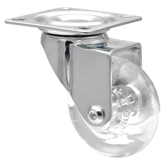 Wagner System Design-Lenkrolle - Traglast: 50 kg, Gleitlager, Mit Platte, Durchmesser Rolle: 60 mm, Transparent - Transparentes Lenkrollenrad mit verchromtem Metallgehäuse und Montageplatte.