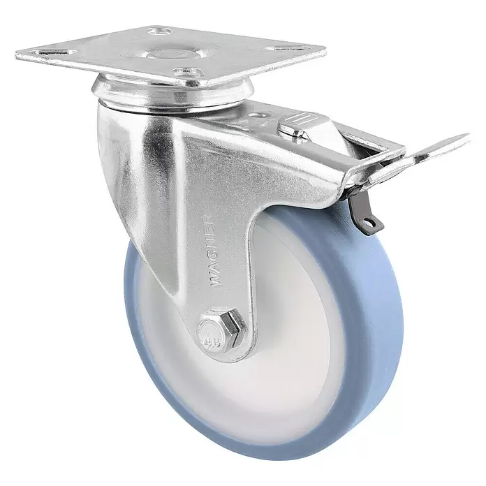 Wagner System Apparate-Lenkrolle Soft - Durchmesser Rollen: 100 mm, Traglast: 75 kg, Mit Platte und Feststeller, Blau - WAGNER Lenkrolle aus silbernem Metall mit hellblau-weißem Rad und Bremse.