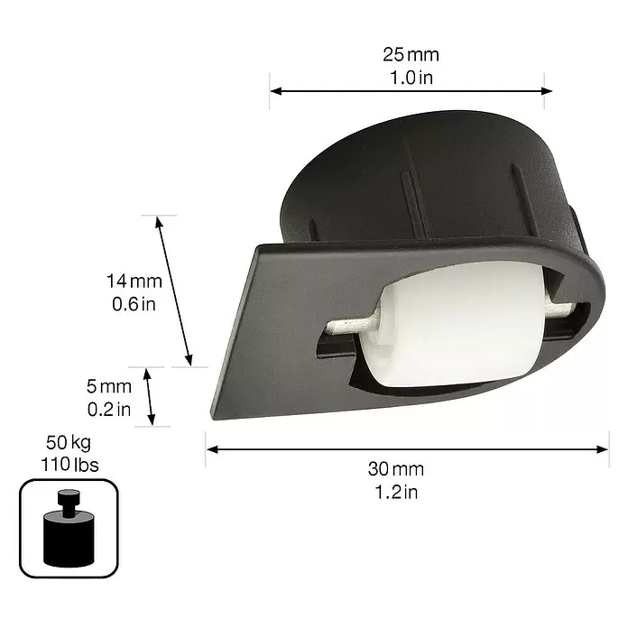 Wagner System Laufrolle - Schwarz, Weiß, Kunststoff, Durchmesser: 25 mm - Schwarze Kunststoff-Möbelrolle mit weißem Rad, 25x30mm, 50kg Tragkraft.