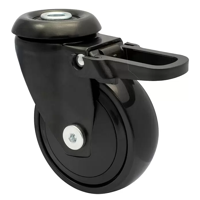 Wagner System Design-Lenkrolle - Traglast: 75 kg, Kugellager, Mit Rückenloch und Feststeller, Durchmesser Rolle: 75 mm - Schwarzes Lenkrollenrad aus Kunststoff mit Metallbefestigungsstift und seitlicher Feststellbremse.