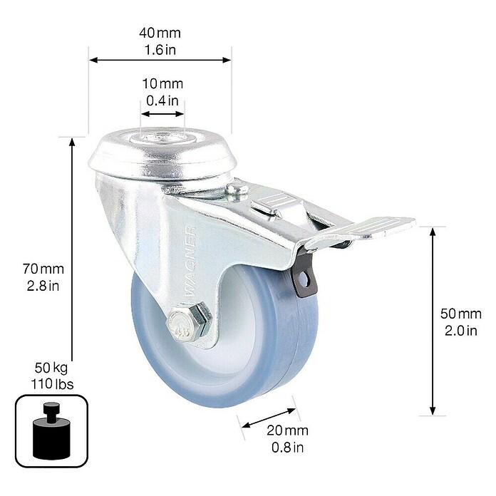 Wagner System Apparate-Lenkrolle Ultrasoft ECO (Traglast: 50 kg, Gleitlager, Mit Rückenloch und Feststeller, Durchmesser Rolle: 50 mm) | BAUHAUS