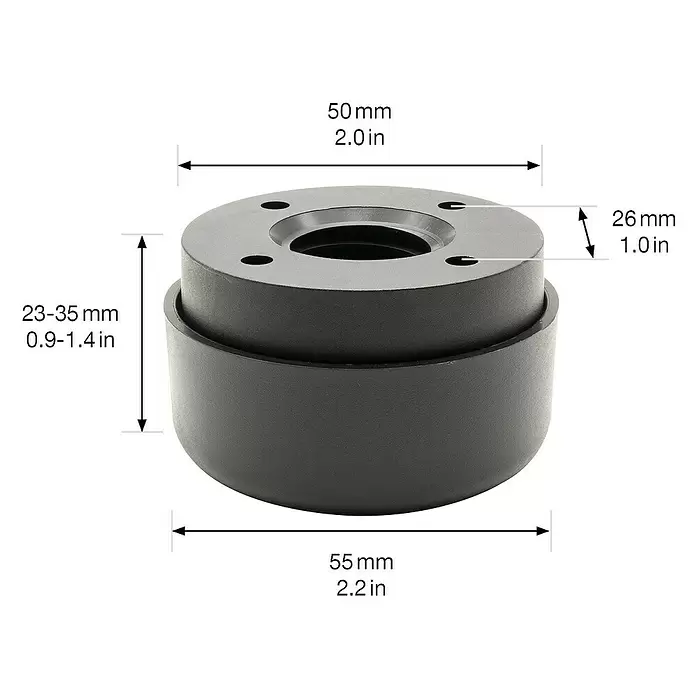 Wagner System Möbelgleiter RO 0049 - Durchmesser: 50 mm - 55 mm, Kunststoff, 1 Stk. - Schwarze zylindrische Montagebasis/Adapter mit Beschriftung der Maße.
