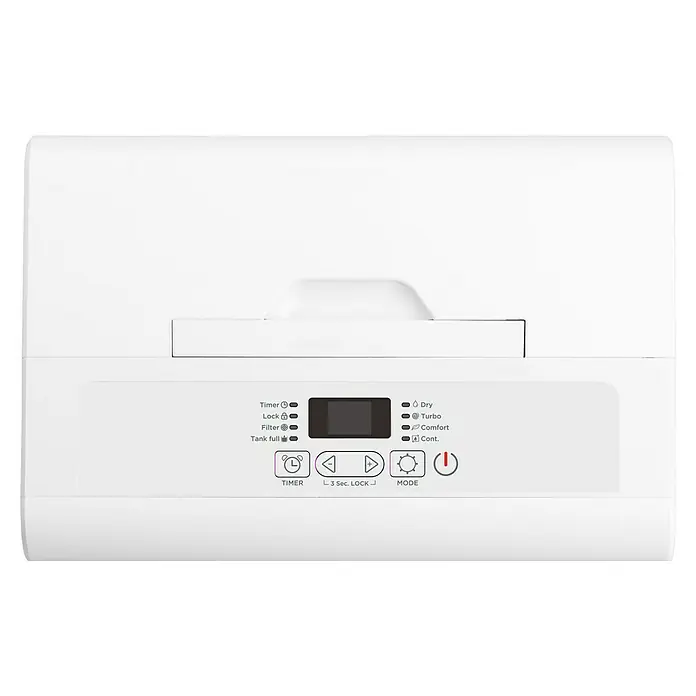 TCL Elektro-Luftentfeuchter - 320 W, Entfeuchtungsleistung: 25 l/Tag, L x B x H: 500 x 365 x 263 mm - Nahaufnahme der Bedienelemente eines Luftentfeuchters mit Timer, Sperre, Filter, Füllstandsanzeige, Modusauswahl und Betriebsanzeige.
