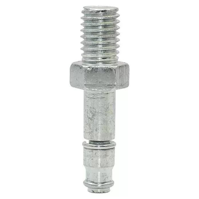 Wagner System Gewindestift M 10 x 14 - M 10, Länge: 46 mm, Stahl - Silberner Metallbolzen mit Gewinde oben, Sechskantkopf und glattem unteren Schaft mit Sicherungsring.