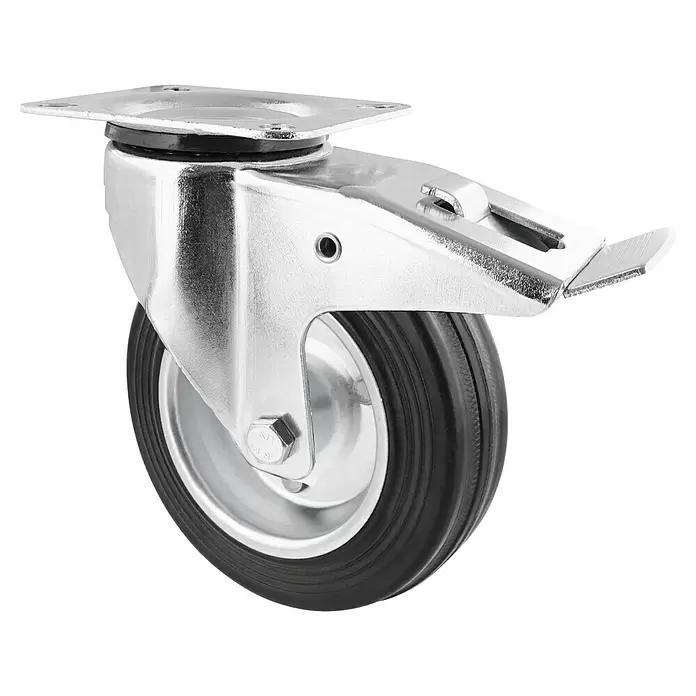 Wagner System Transportgeräte-Lenkrolle - Durchmesser Rolle: 160 mm, Traglast: 150 kg, Rollenlager, Mit Platte und Feststeller - Silberfarbenes Metall-Lenkrolle mit schwarzem Gummirad und Bremse.