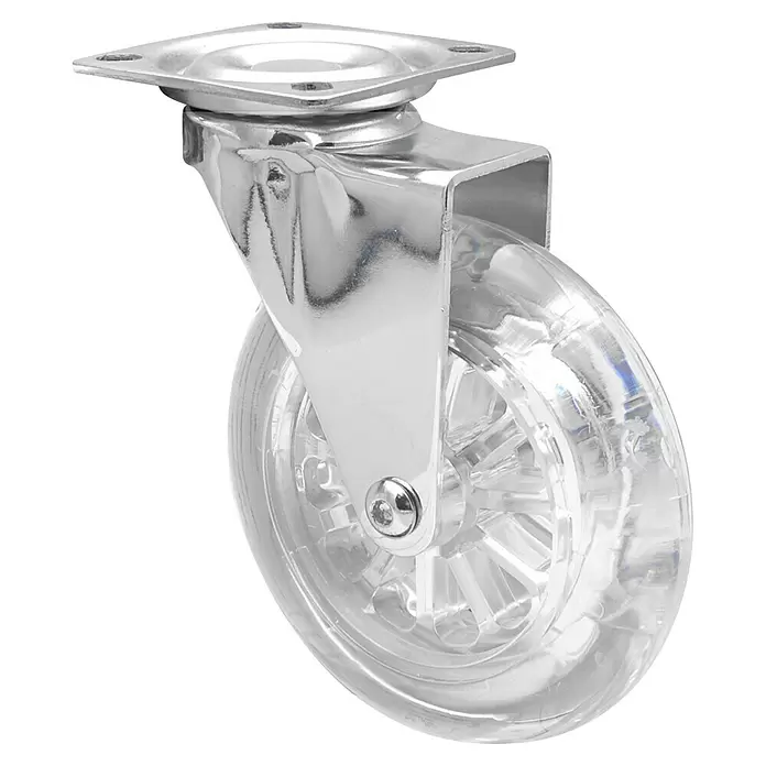 Wagner System Design-Lenkrolle - Traglast: 65 kg, Gleitlager, Mit Platte, Durchmesser Rolle: 100 mm, Transparent - Durchsichtiges Polyurethan-Lenkrolle mit verchromtem Metallbügel.