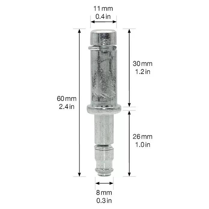 Wagner System Reduzierstück - Verzinkt, Durchmesser: 11 mm, Stahl - Silberfarbener gestufter Metallstift mit Maßen: Gesamtlänge 60mm, oberer Durchmesser 11mm, unterer Durchmesser 8mm.