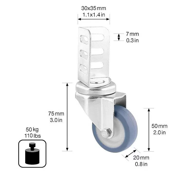 Wagner System Apparate-Lenkrolle Corner - Durchmesser Rollen: 50 mm, Traglast: 50 kg - Metall-Lenkrolle mit blaugrauem Rad, 75mm Gesamthöhe, 50mm Raddurchmesser und 50kg Tragkraft.