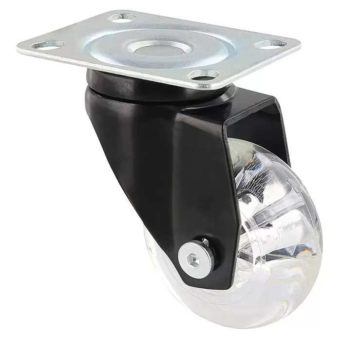 Wagner System Design-Lenkrolle - Traglast: 40 kg, Gleitlager, Mit Platte, Durchmesser Rolle: 50 mm - Transparente Lenkrolle mit schwarzem Gehäuse und silberner Montageplatte.