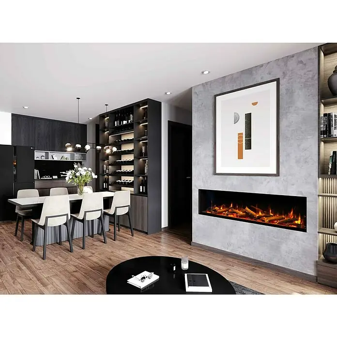 Charlton & Jenrick Chimenea eléctrica 4D Eco flame - Negro, 1.500 W - 2.000 W, L x An x Al: 30 x 183 x 56 cm - Salón con chimenea moderna, decoración elegante y una mesa de comedor para reuniones acogedoras.