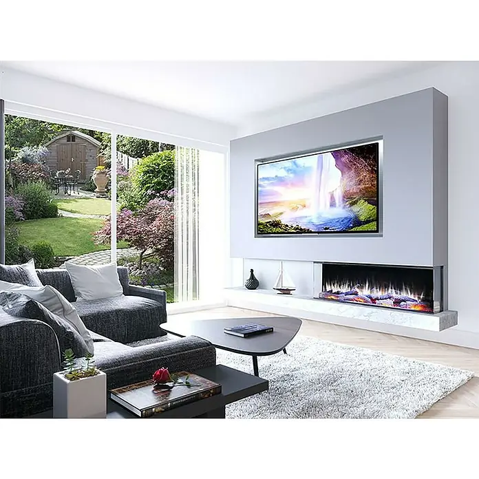 Charlton & Jenrick Chimenea eléctrica i1250E - Negro, 1.500 W - 2.000 W, L x An x Al: 30,5 x 128,2 x 55,5 cm - Salón moderno con sofá gris, mesa de centro y televisor montado sobre una elegante chimenea.