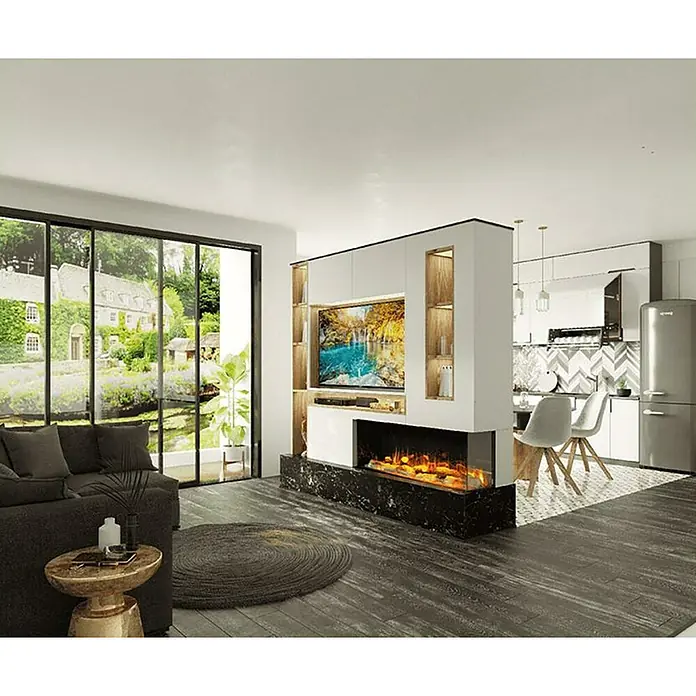 Charlton & Jenrick Chimenea eléctrica i1250E - Negro, 1.500 W - 2.000 W, L x An x Al: 30,5 x 128,2 x 55,5 cm - Un moderno salón cuenta con un mueble de televisión integrado que actúa como separador de ambientes, creando un ambiente elegante.