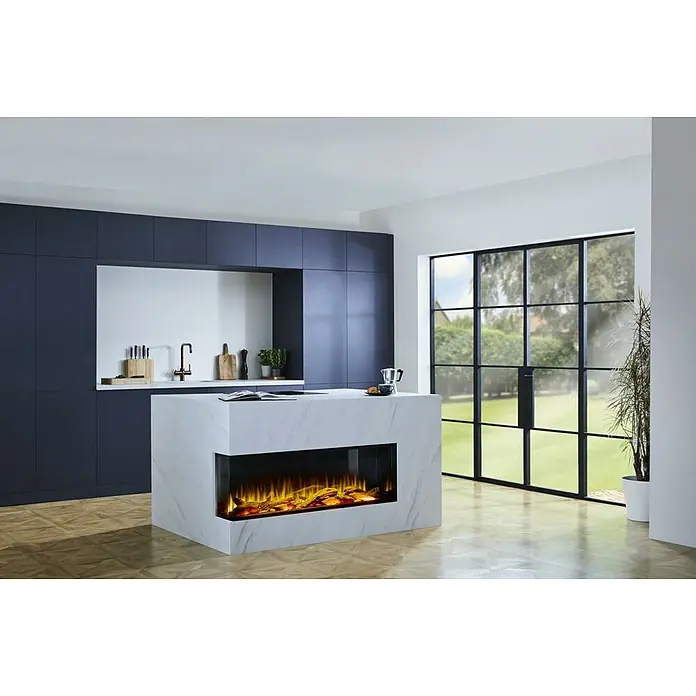 Charlton & Jenrick Chimenea eléctrica i1250E - Negro, 1.500 W - 2.000 W, L x An x Al: 30,5 x 128,2 x 55,5 cm - Interior de cocina moderna con un elegante diseño de isla de mármol y una chimenea eléctrica integrada que aporta calidez y ambiente al espacio.