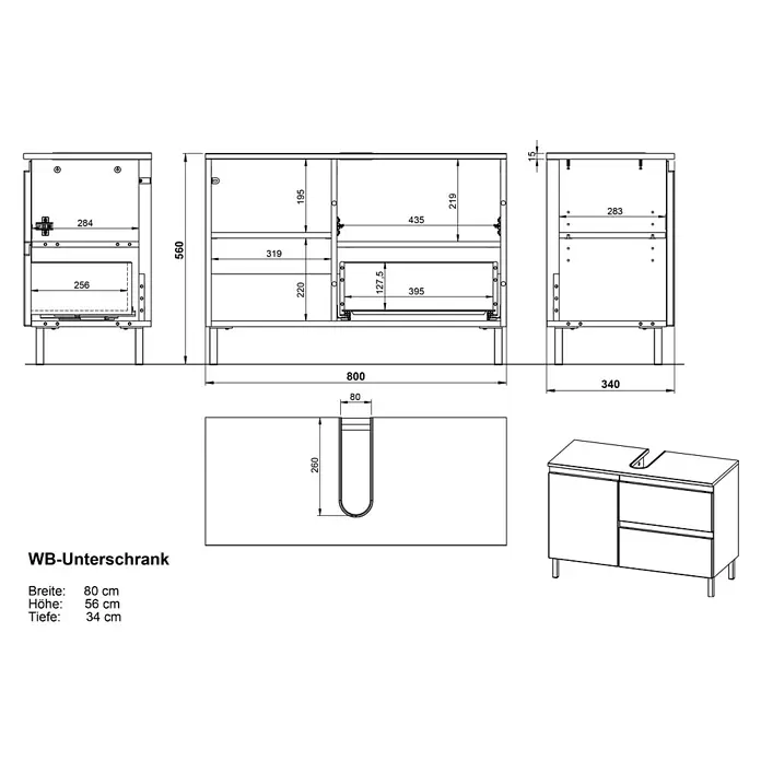 Germania Torrance Waschtischunterschrank - B x T x H: 80 x 34 x 56 cm, Grandson-Eiche-Nb./Weiß, Matt - Technische Zeichnung eines Waschtischunterschranks, 80x56x34 cm, mit detaillierten Maßen und einer isometrischen Ansicht.