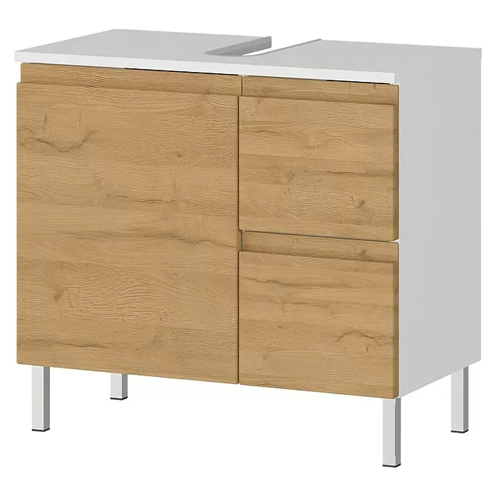 Germania Torrance Waschtischunterschrank - B x T x H: 60 x 34 x 56 cm, Grandson-Eiche-Nb./Weiß, Matt - Weißer Badunterschrank mit hellen Holzfronten und silbernen Beinen, mit Waschtisch-Ausschnitt.