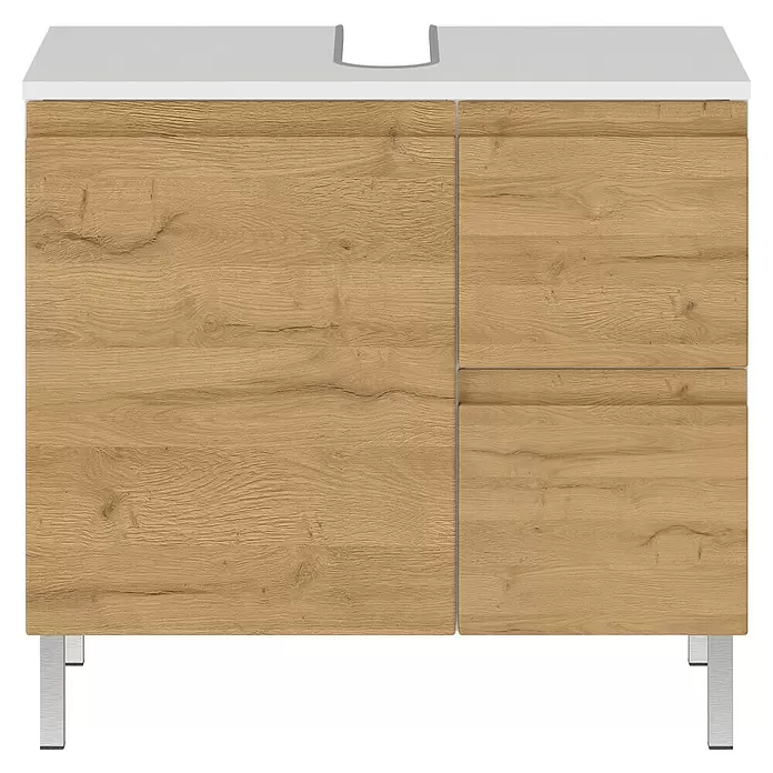 Germania Torrance Waschtischunterschrank - B x T x H: 60 x 34 x 56 cm, Grandson-Eiche-Nb./Weiß, Matt - Moderner Waschtischunterschrank: weiße Arbeitsplatte, heller Holzschrank mit einer Tür, zwei Schubladen, Metallfüße.