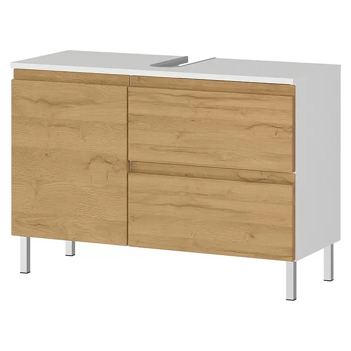 Germania Torrance Waschtischunterschrank - B x T x H: 80 x 34 x 56 cm, Grandson-Eiche-Nb./Weiß, Matt - Holzkorn-Badschrank mit weißer Platte und Metallbeinen, mit zwei Türen und zwei Schubladen.