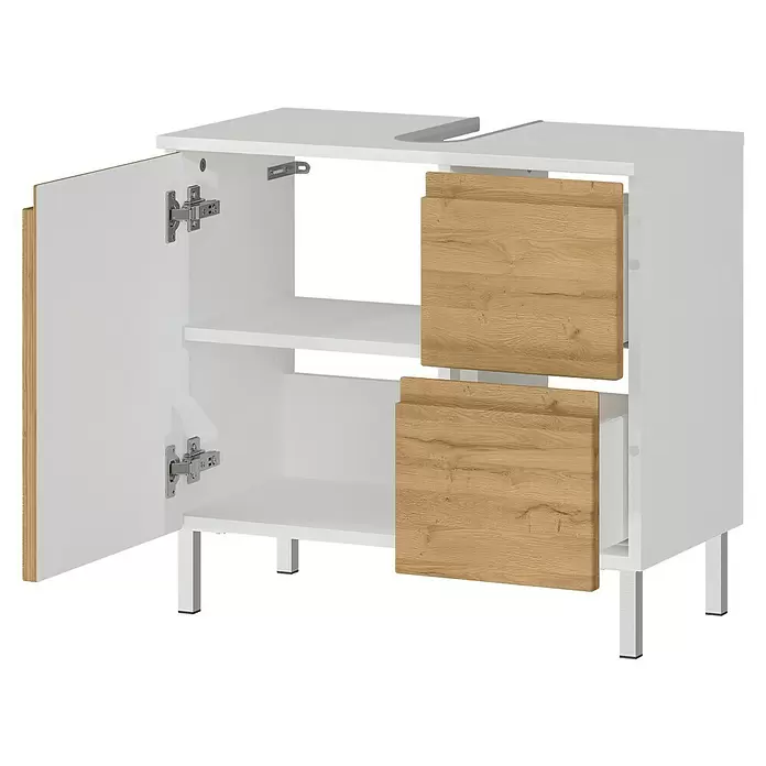Germania Torrance Waschtischunterschrank - B x T x H: 60 x 34 x 56 cm, Grandson-Eiche-Nb./Weiß, Matt - Weißer Badezimmerunterschrank mit Waschtisch-Ausschnitt, offener Tür, Regal, zwei Holzschubladen und silbernen Beinen.